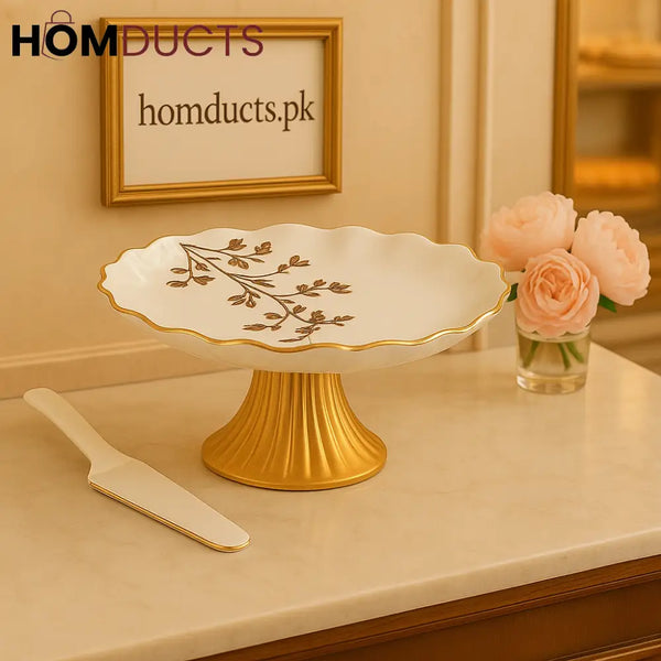 Gold Blossom Pedestal Cake Stand – Luxury Floral Ceramic with Server