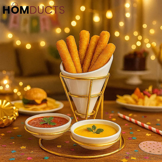Gold Cone Snack Server with Dip Bowls – Ceramic Party Serving Set
