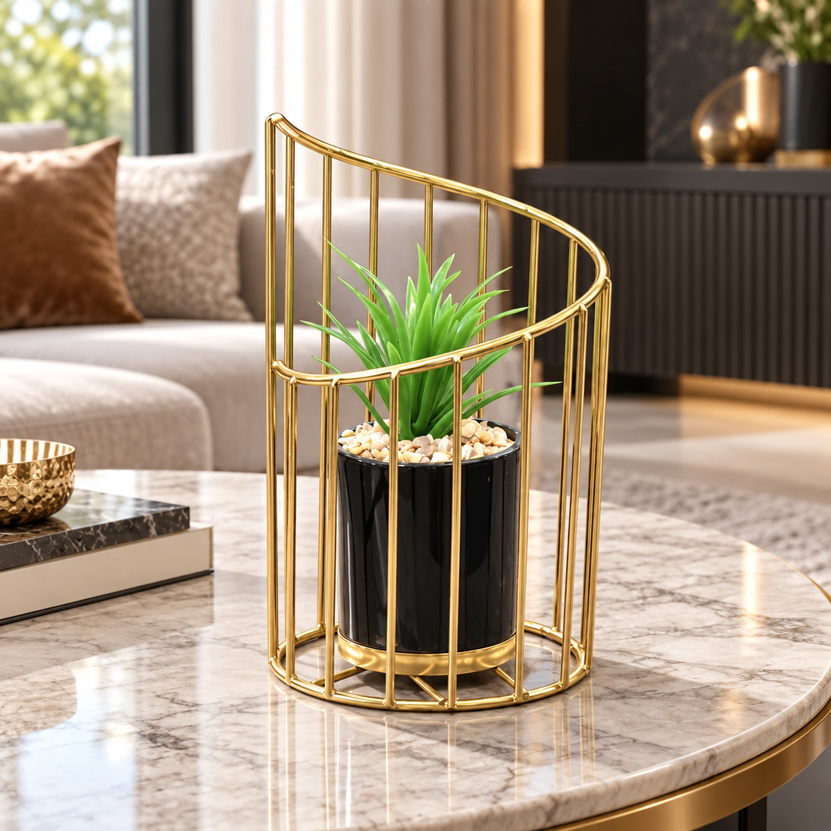 Gold curved cage planter with artificial succulent