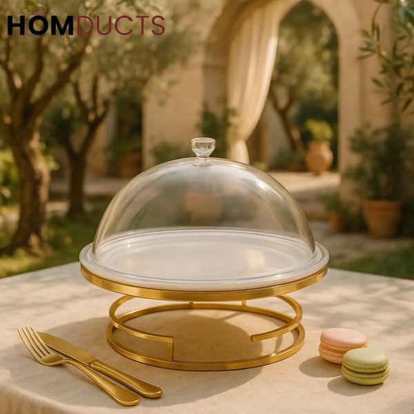 Gold-Domed Serving Platter with Stand – Luxury Dessert Display Cloche