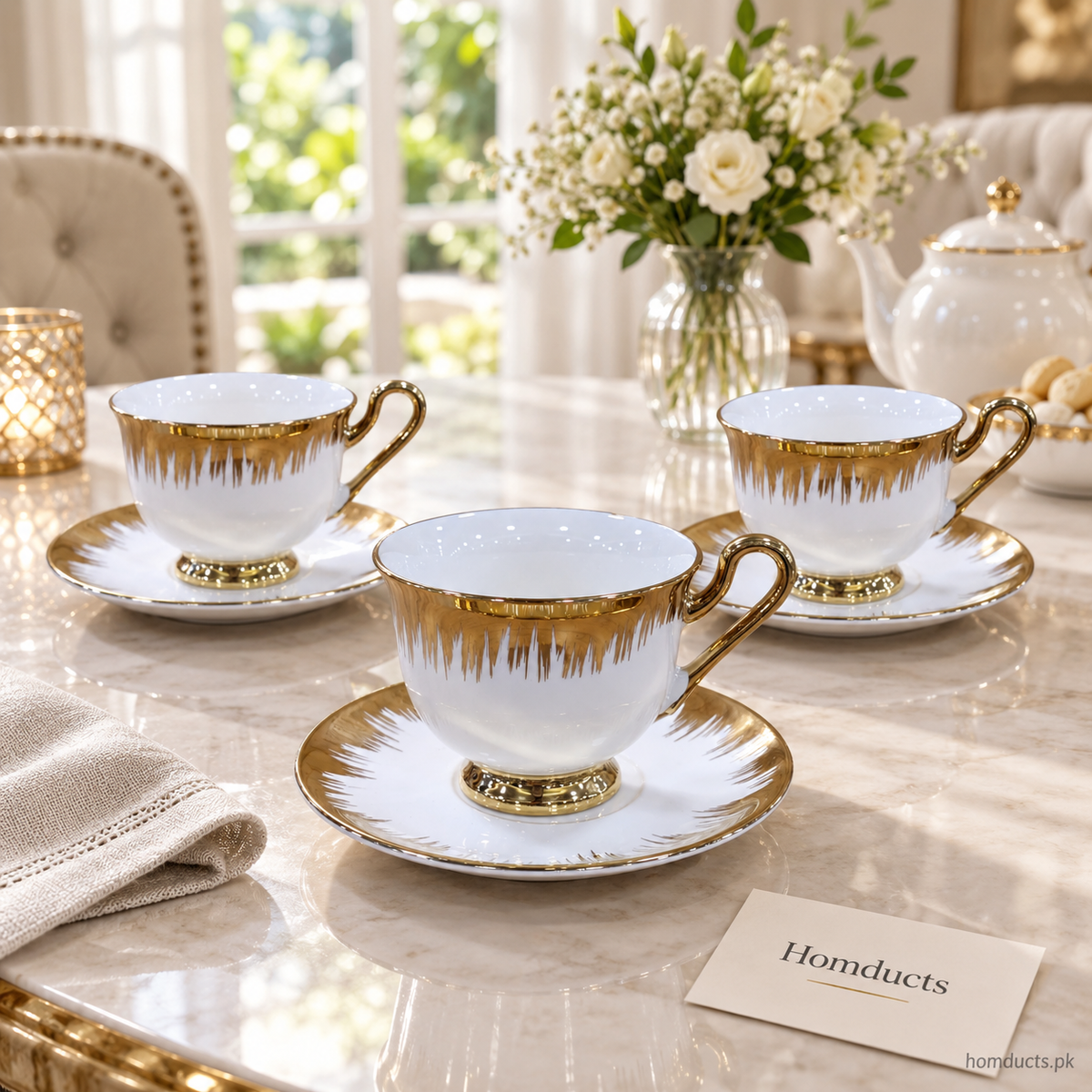 Luxury gold drip curved cup and saucer 6 piece set