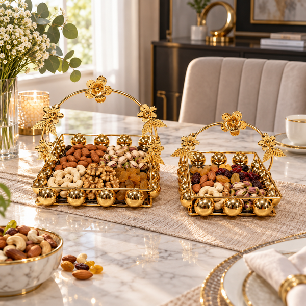 Two-piece gold dry fruit basket set with floral handles