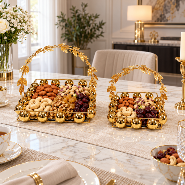 Two-piece gold dry fruit basket set with leaf handles