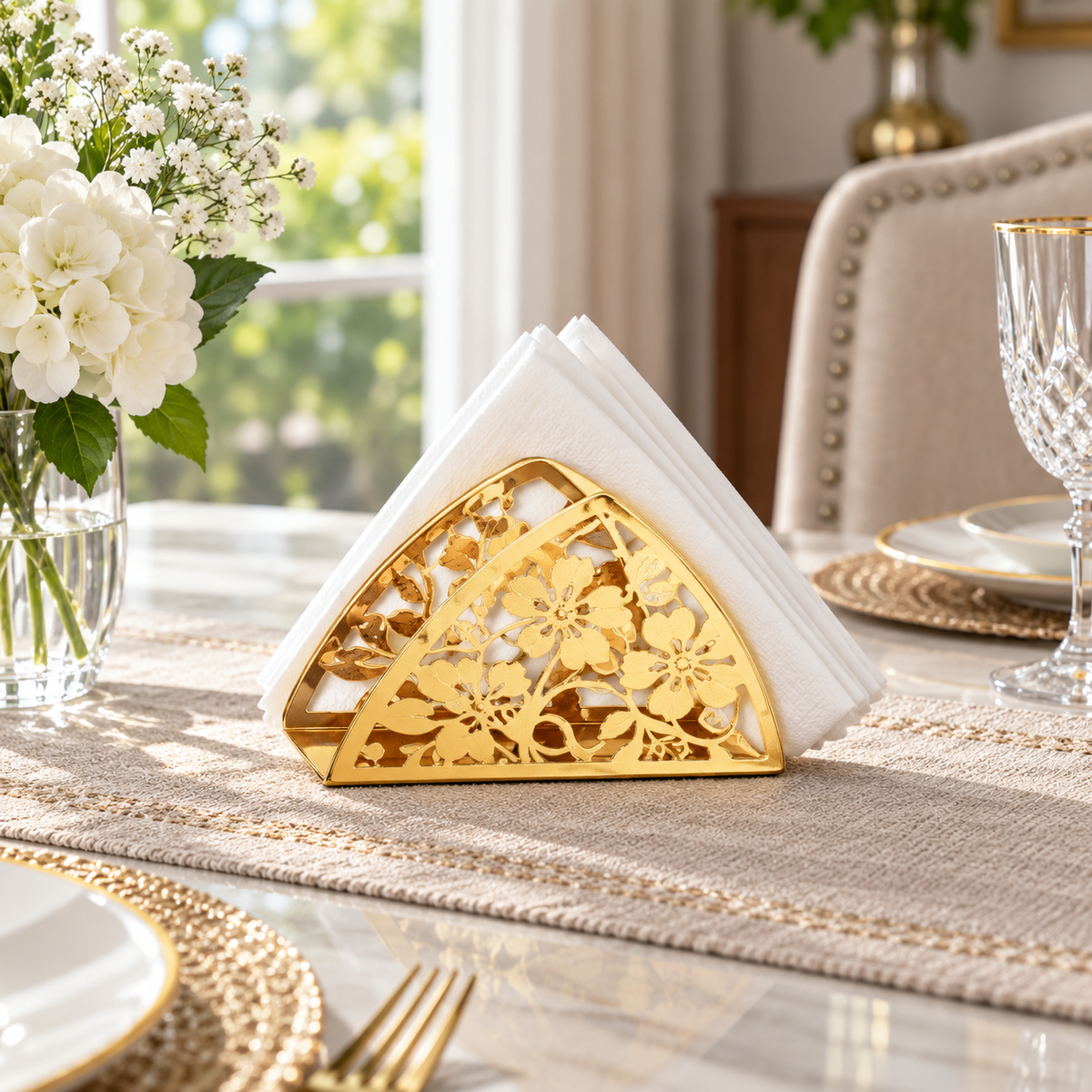 Gold Floral Metal Napkin Holder – Decorative Table Tissue Stand