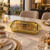 Gold finish rectangular serving dish with glass lid