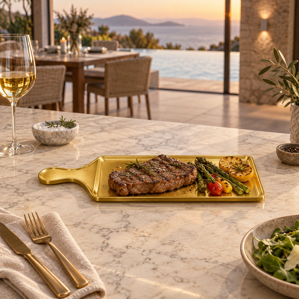 Gold finish rectangular grilling serving plate with handle