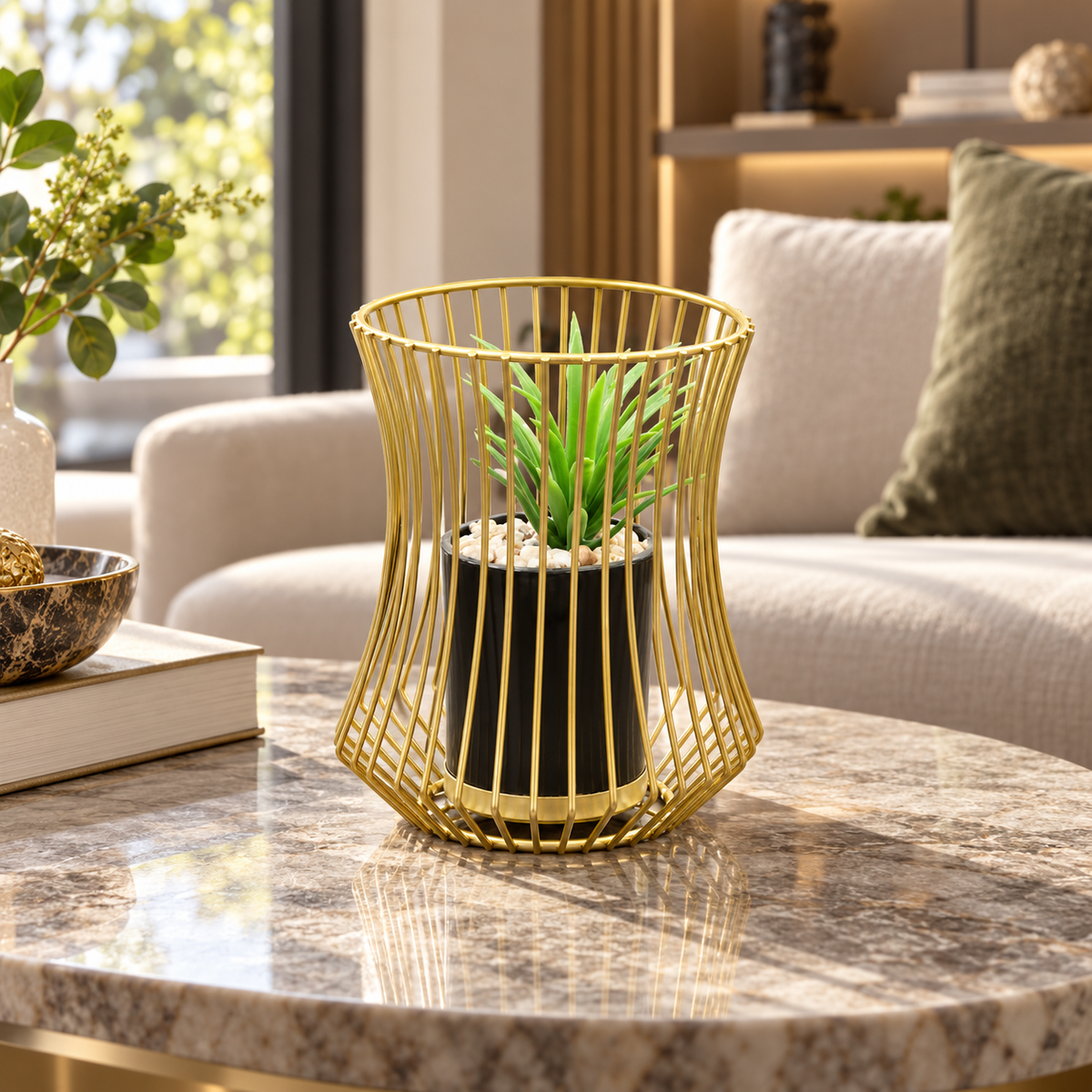 Gold hourglass wire planter with artificial succulent