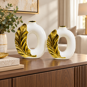 Two piece gold leaf white ceramic decorative vase set