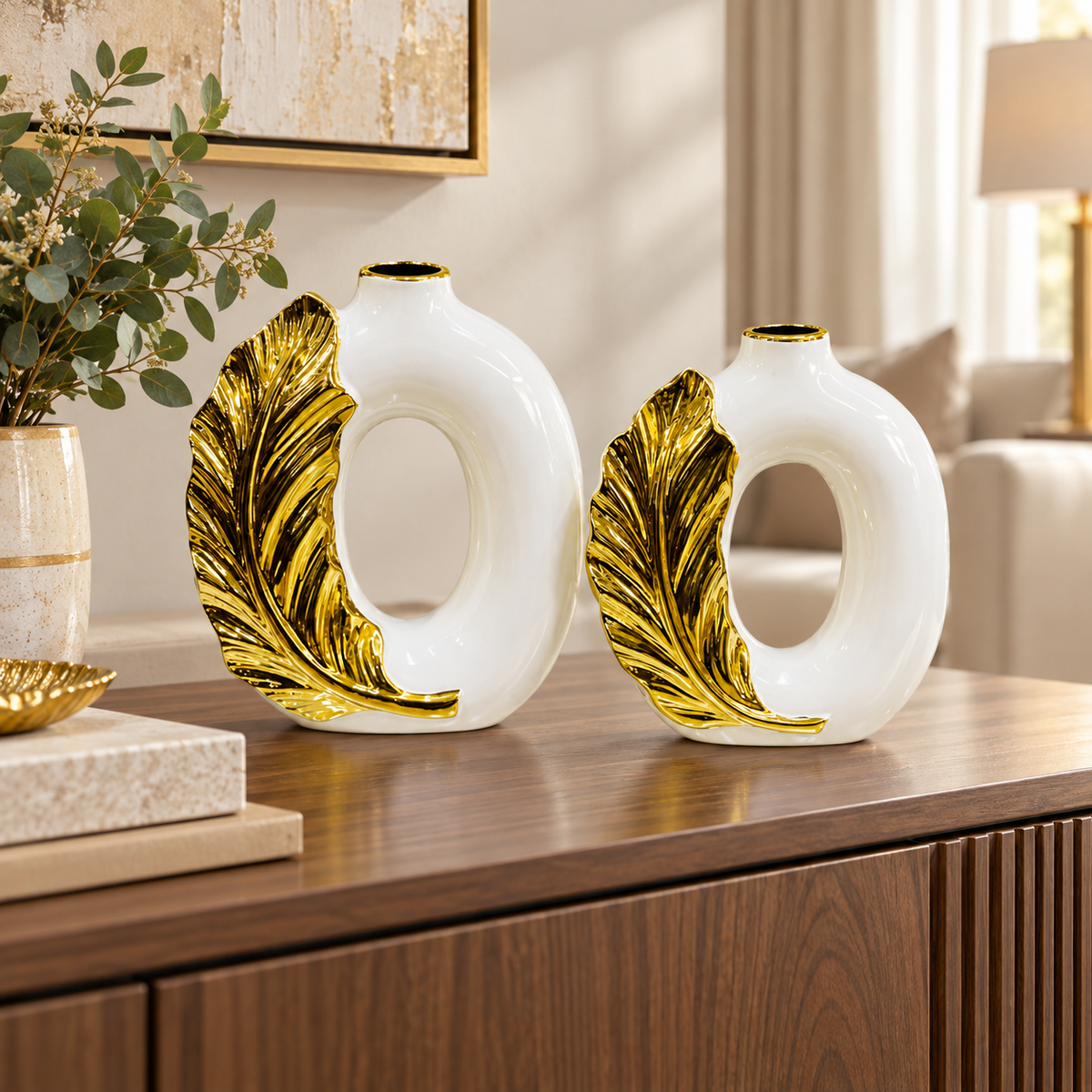 Two piece gold leaf white ceramic decorative vase set