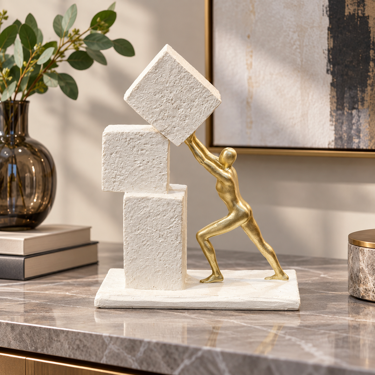 Gold man pushing cubes motivational office sculpture