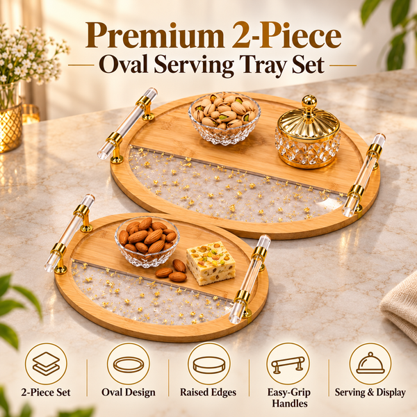 Premium Bamboo & Acrylic Oval Serving Tray Set – 2 Piece features and details