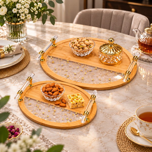 Premium Bamboo & Acrylic Oval Serving Tray Set – 2 Piece lifestyle image