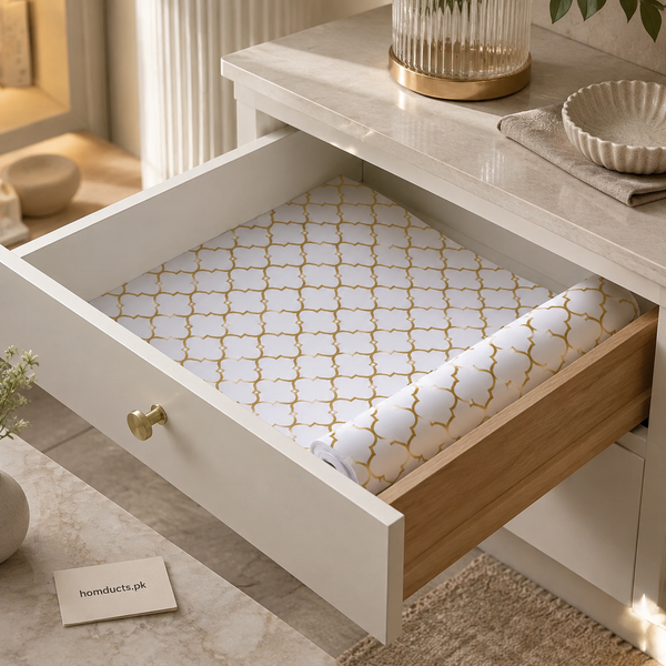 White and gold patterned PVC drawer liner