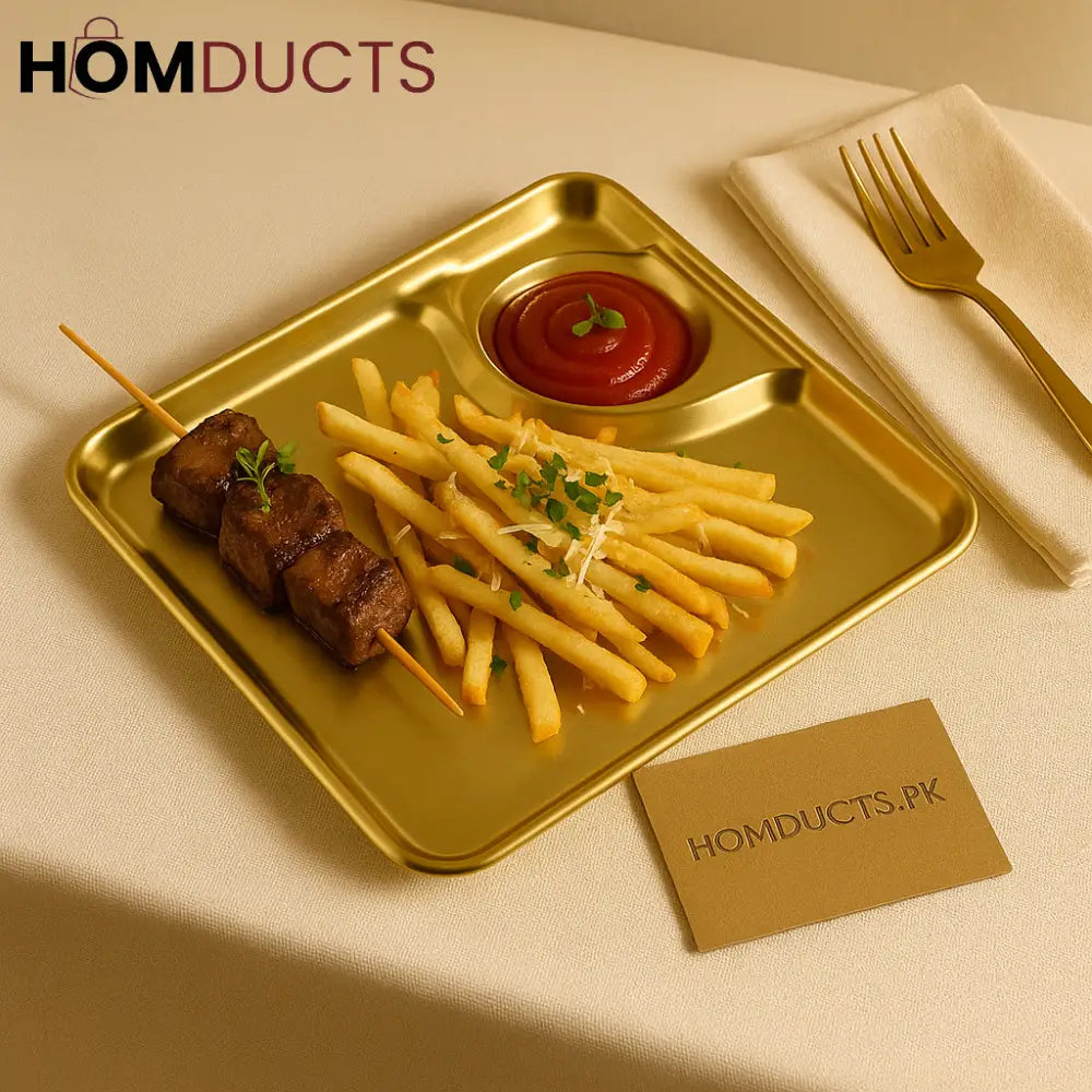 Gold-Plated Gourmet Serving Tray with Built-In Sauce Compartment