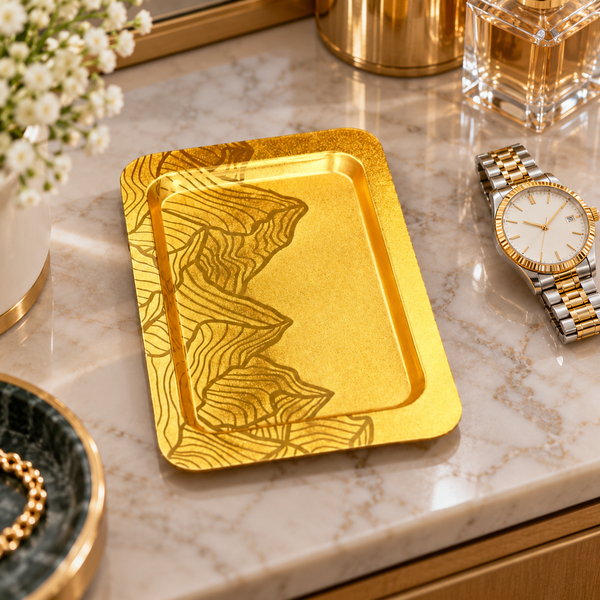 Gold rectangular leaf pattern decorative tray