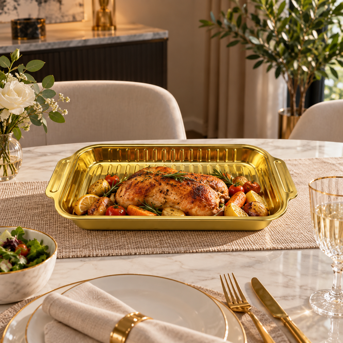 Gold finish ribbed rectangular serving dish without lid