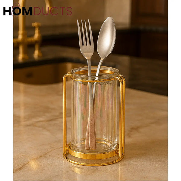 Gold Rim Glass Cutlery Holder – Luxury Utensil Organizer for Kitchens & Dining Tables