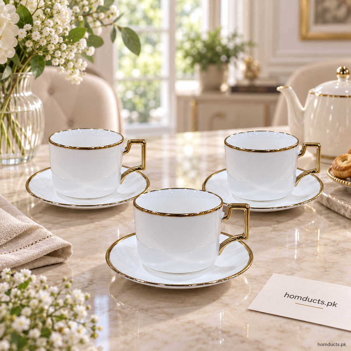 Modern gold rim square handle cup and saucer 6 piece set