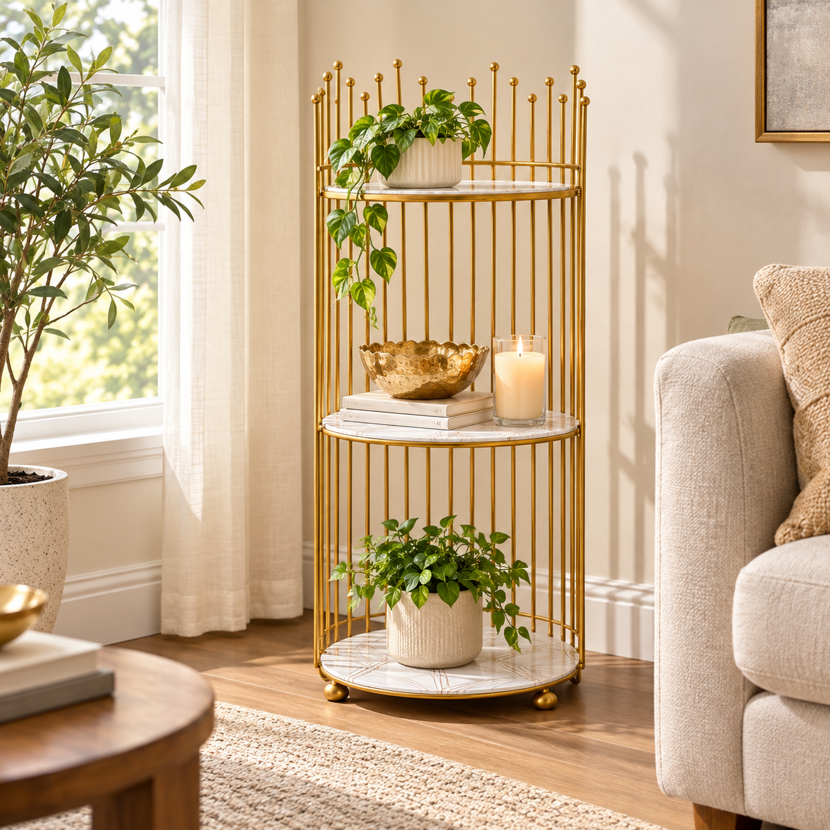 Gold 3-tier round accent display stand in a modern living room