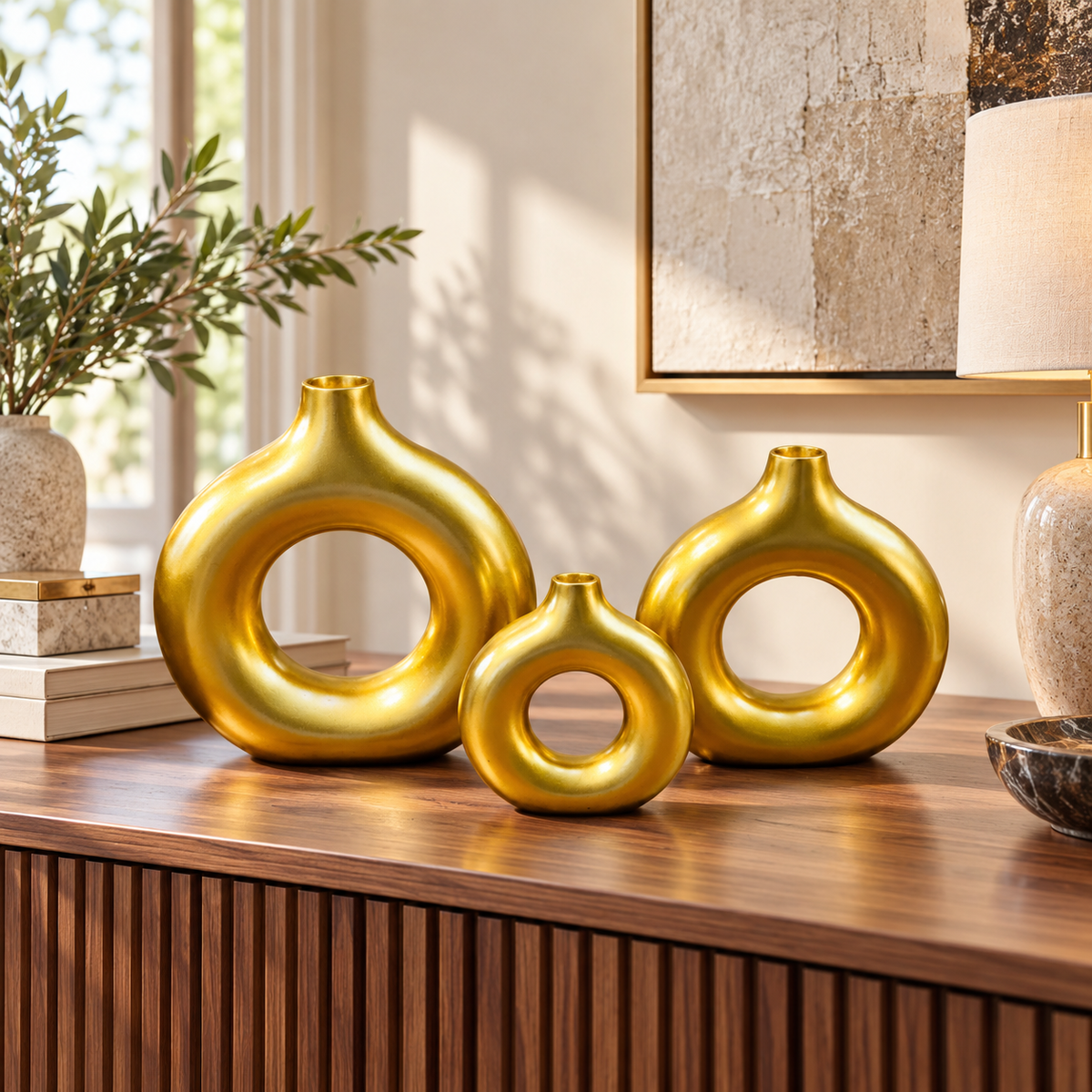 Three piece gold round donut decorative vase set