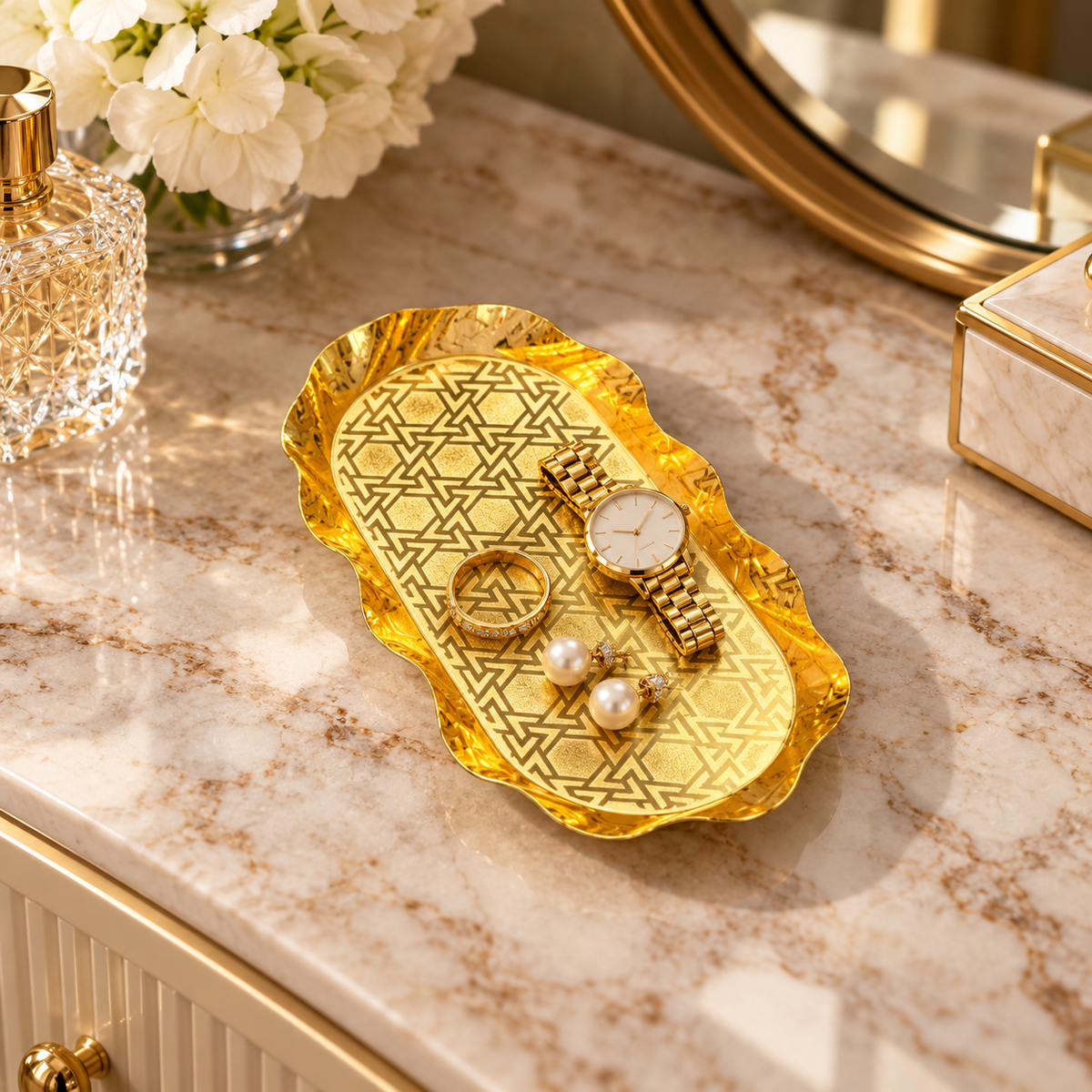 Gold scalloped oval geometric decorative tray