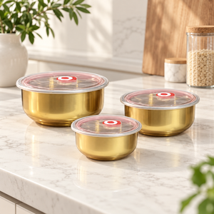 Gold stainless steel food storage bowl set with lids