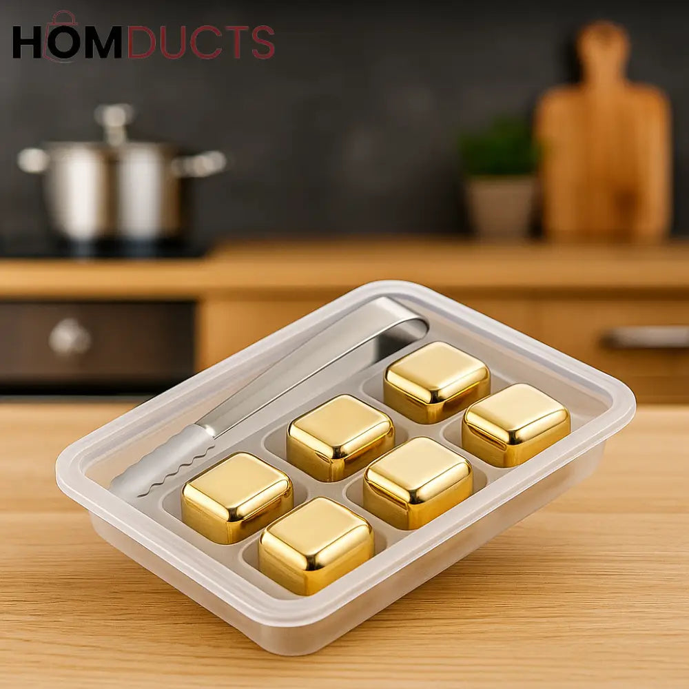 Gold Stainless Steel Reusable Ice Cubes Set – 6 Pieces with Tongs