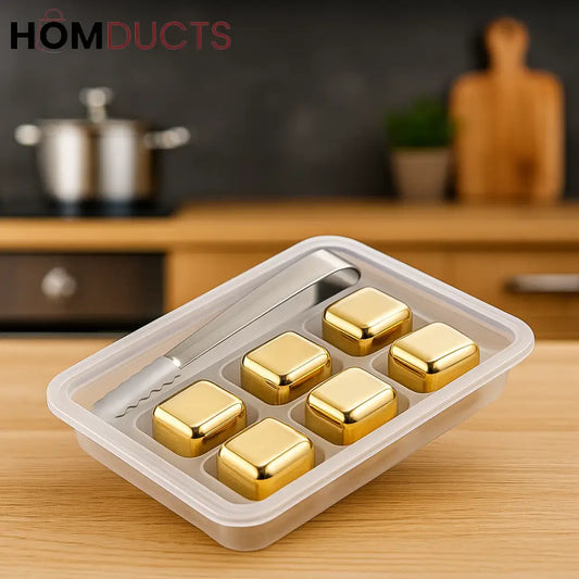 Gold Stainless Steel Reusable Ice Cubes Set – 6 Pieces with Tongs