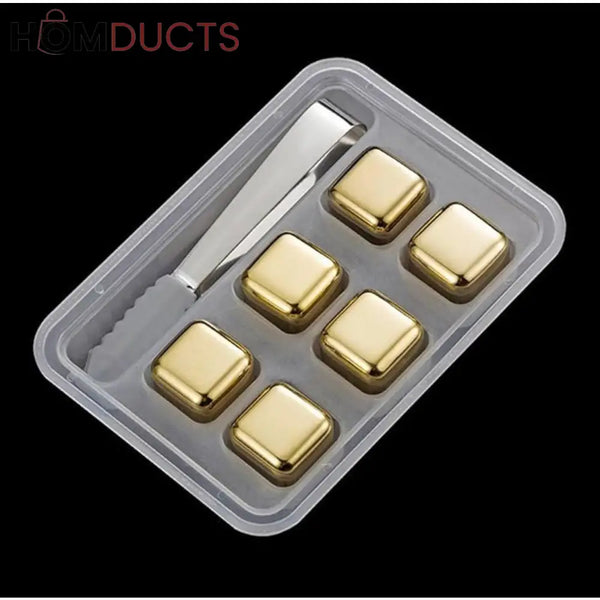 Gold Stainless Steel Reusable Ice Cubes Set – 6 Pieces with Tongs