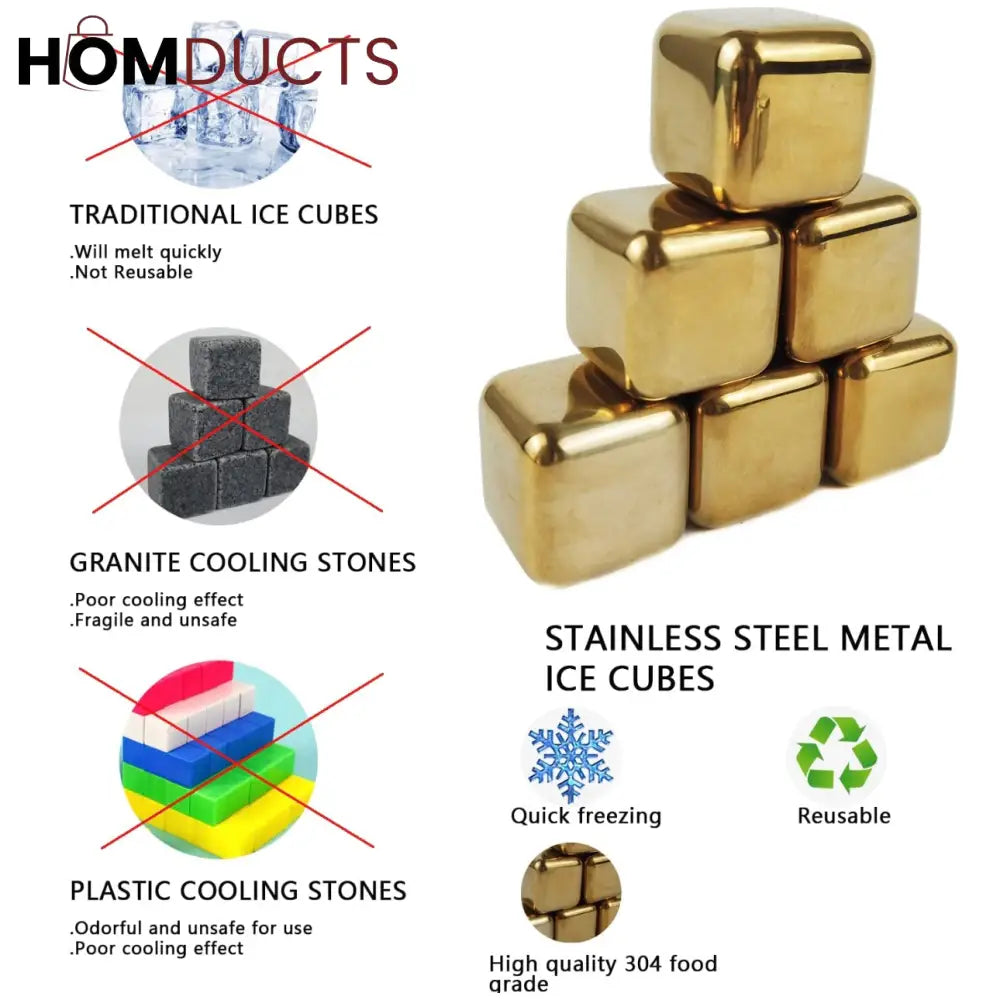 Gold Stainless Steel Reusable Ice Cubes Set – 6 Pieces with Tongs