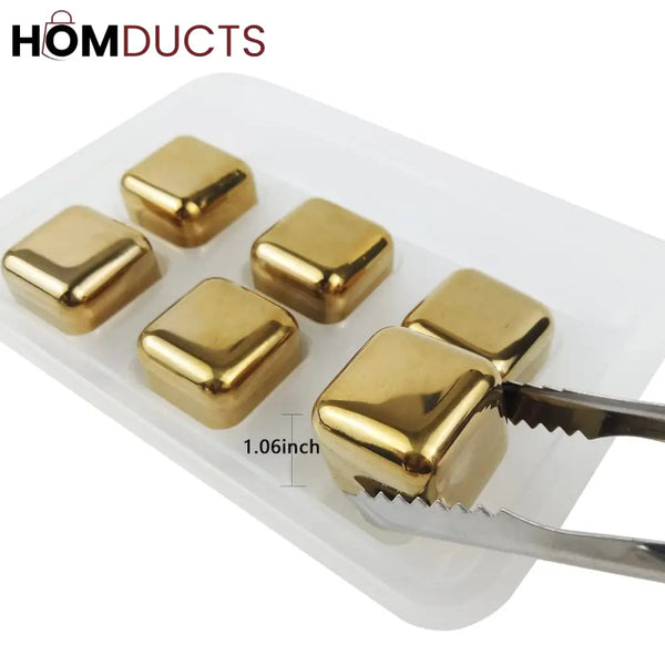 Gold Stainless Steel Reusable Ice Cubes Set – 6 Pieces with Tongs