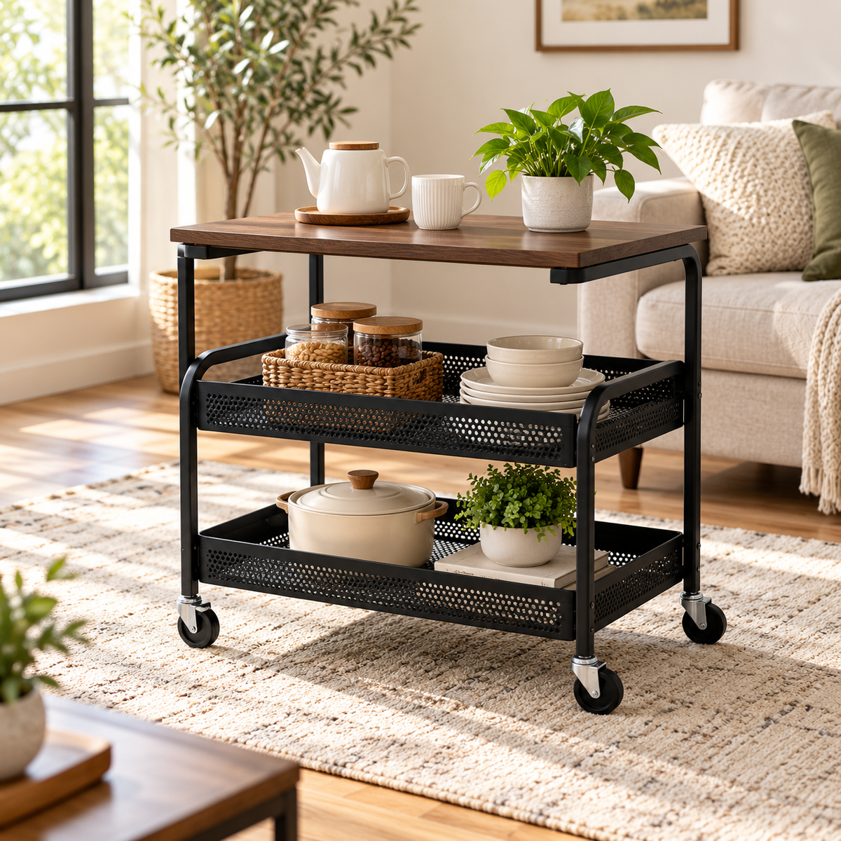 Elegant Metal Utility Trolley with Wood Top & Wheels