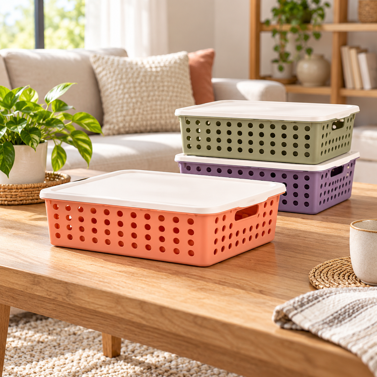 Plastic Storage Basket with Lid