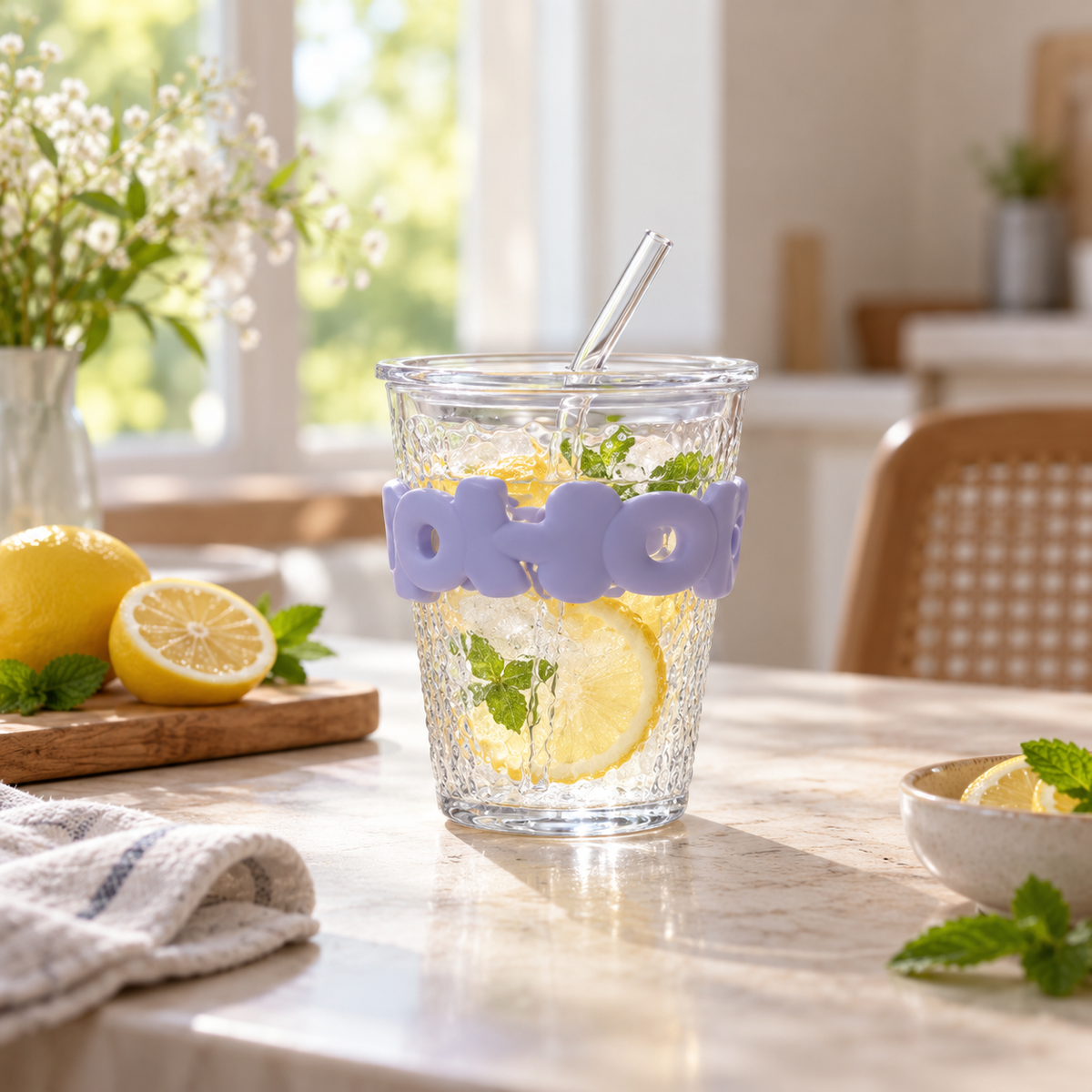 HOHO Textured Long-Straw Glass Cup 530ml