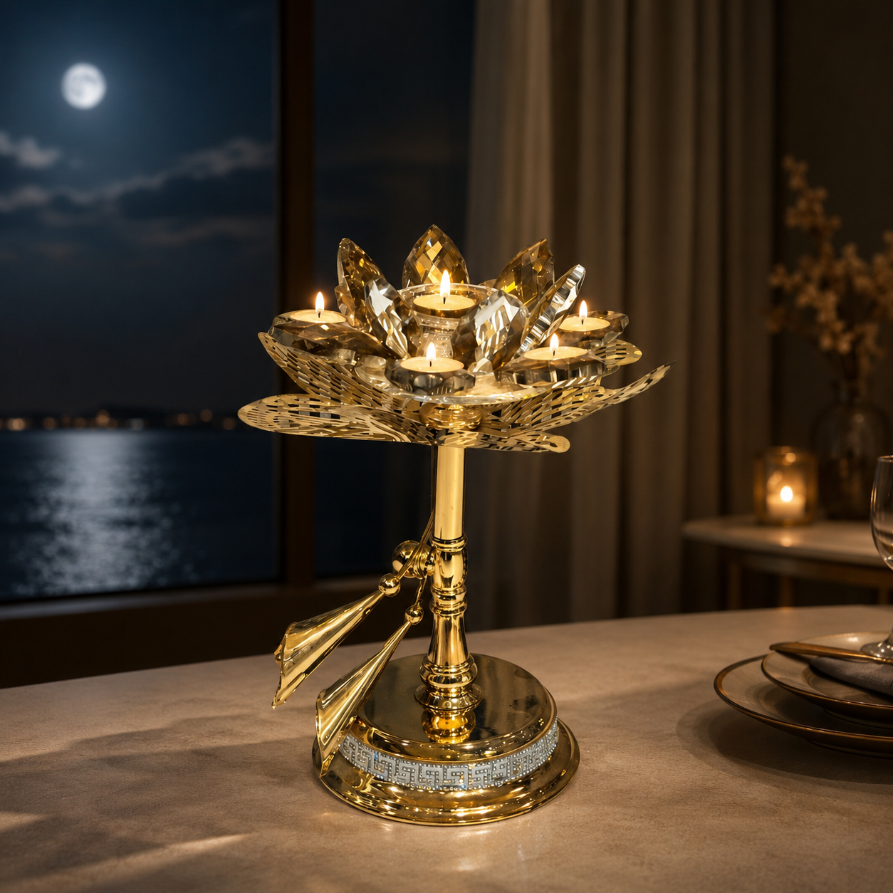 Golden Crystal Lotus Candle Holder 33-7