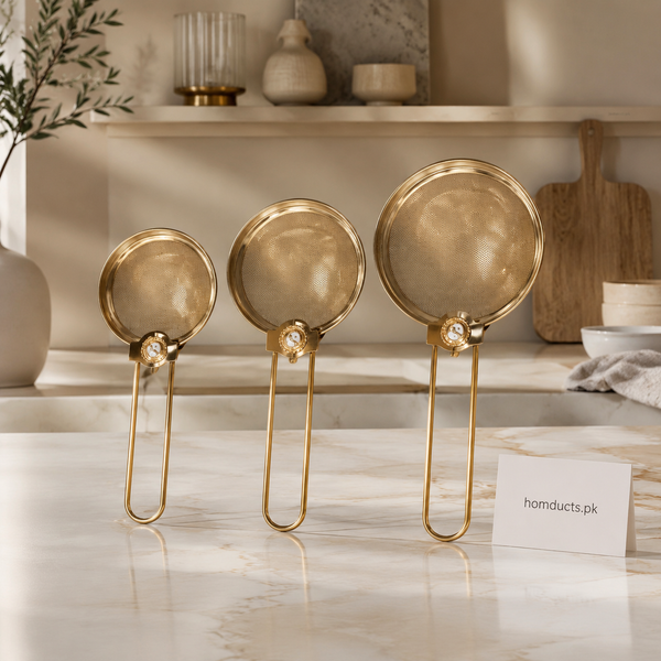 Golden stainless steel flour strainer set in three sizes