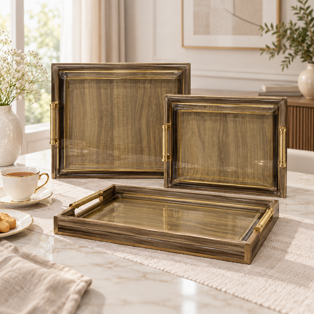 Luxury Wood-Look Serving Tray Set with Golden Handles – 3 Pcs