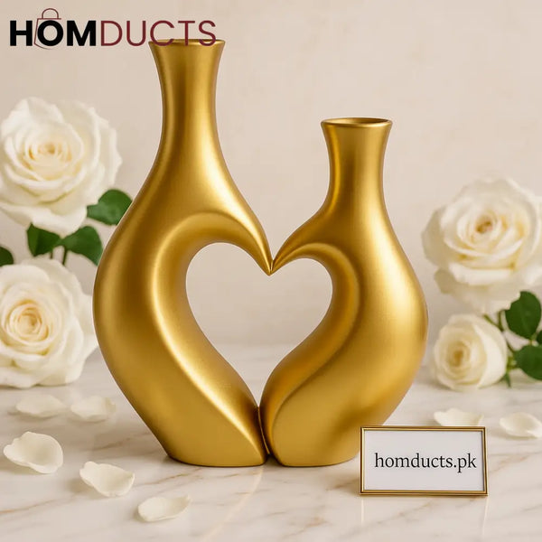 Golden Heart Duo Vases – Luxury Decorative Showpiece Set