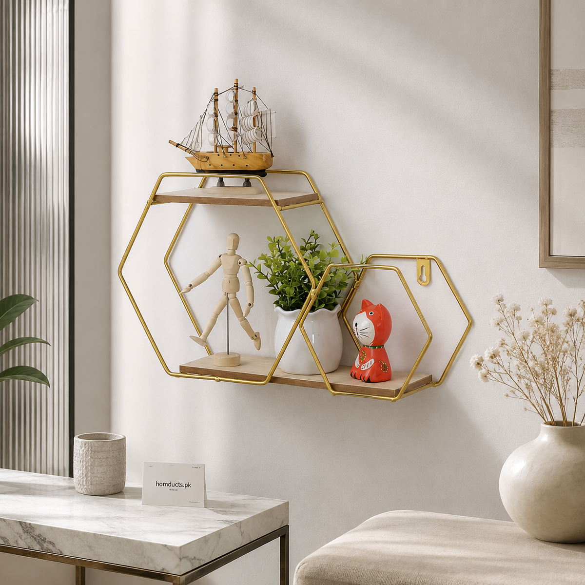 Golden two tier hexagon wall shelf