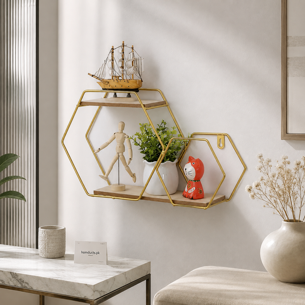 Golden two tier hexagon wall shelf