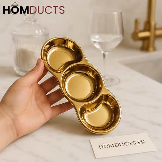 Golden Luxe 3 Compartment Snack & Sauce Serving Tray – Premium Stainless Steel