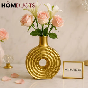 Golden Luxe Circle Vase with Roses & Lilies