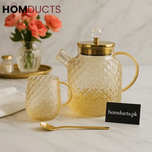 Golden Luxe Diamond Glass Tea Set – 13 Piece (1 Kettle 6 Glasses & 6 Spoons