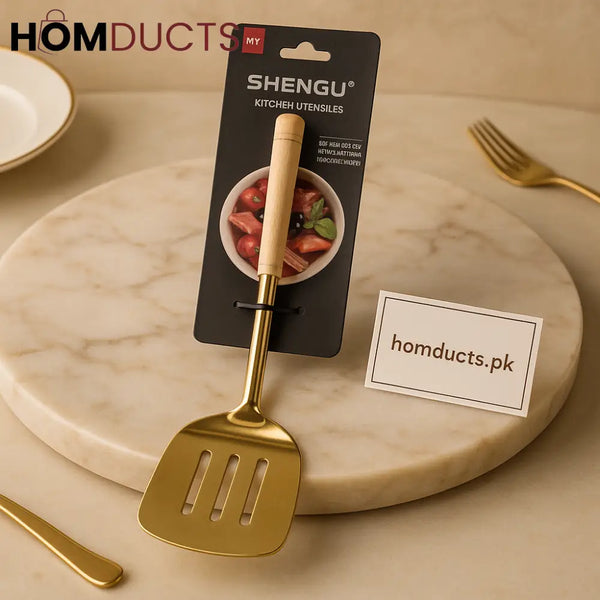 Golden Luxe Slotted Turner Spatula – Premium Stainless Steel with Wooden Handle