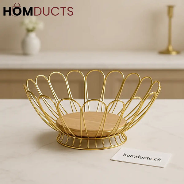 Golden Luxe Wire Fruit Basket with Wooden Base – Premium Decorative Bowl