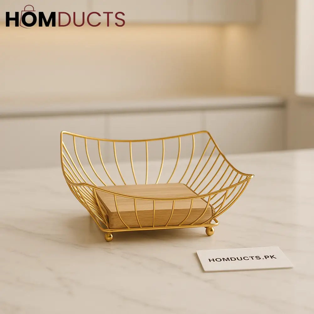 Golden Luxe Wire Fruit Basket with Wooden Base – Premium Kitchen & Table Décor