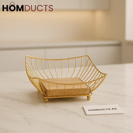 Golden Luxe Wire Fruit Basket with Wooden Base – Premium Kitchen & Table Décor