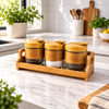 Three-piece spice jar set with wooden stand