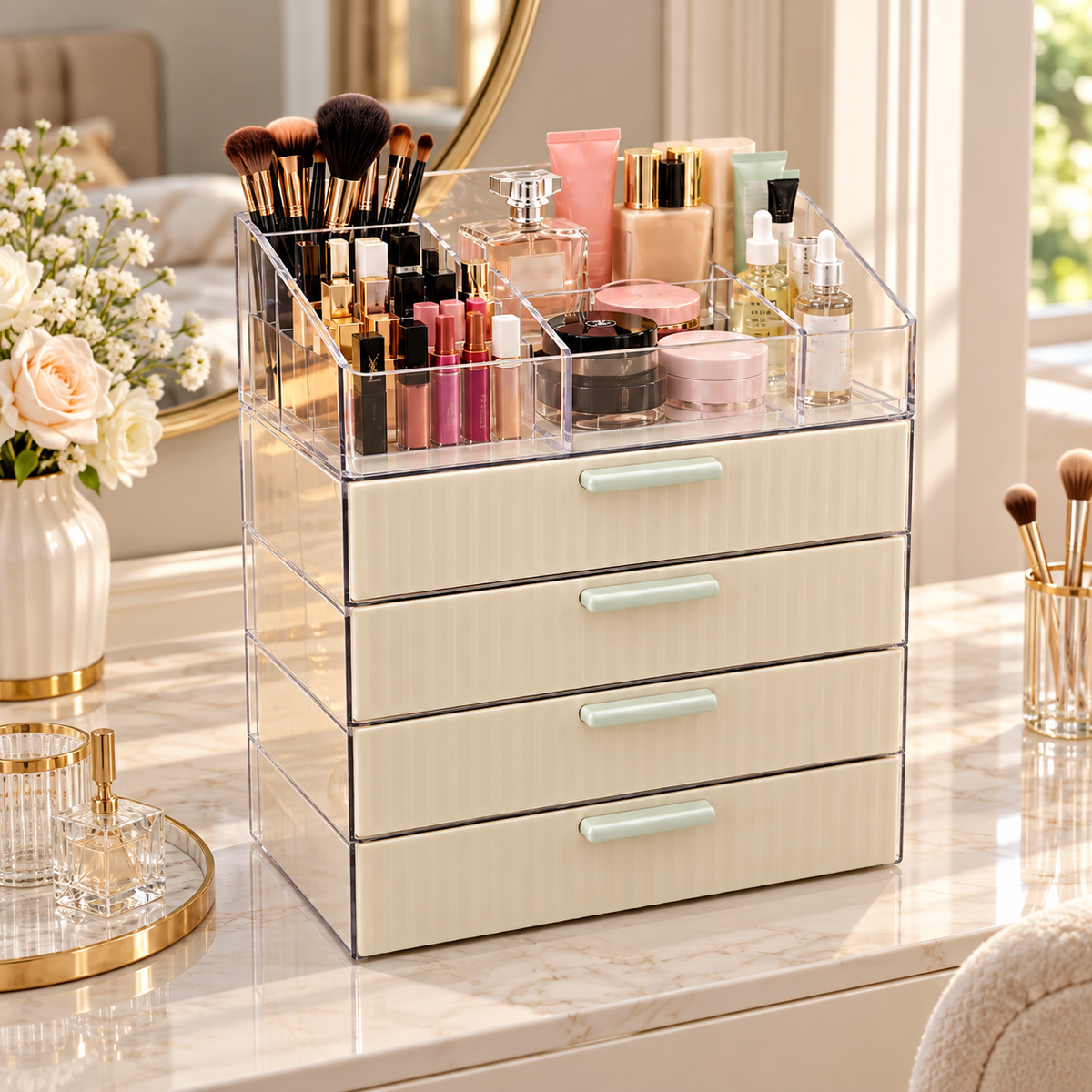 Four-drawer cosmetic organiser with top sections
