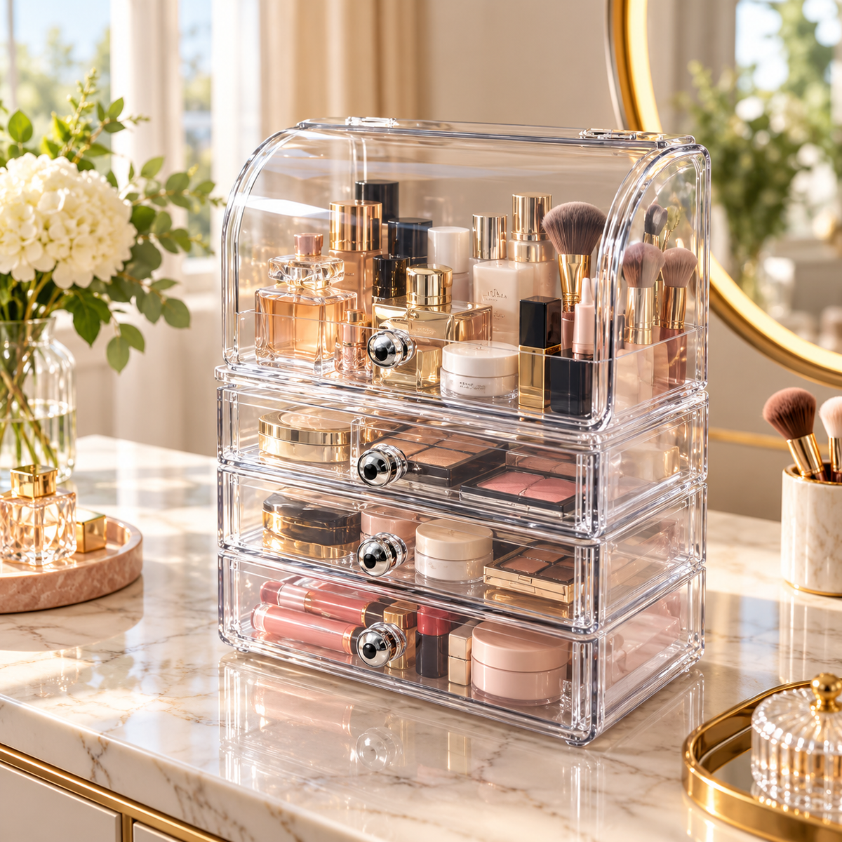 Clear acrylic cosmetic organiser with flip lid and drawers